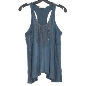 Rebecca Taylor Womens Tank Top Silk Tassel Beaded Sleeveless Blue Size 0 XS JB